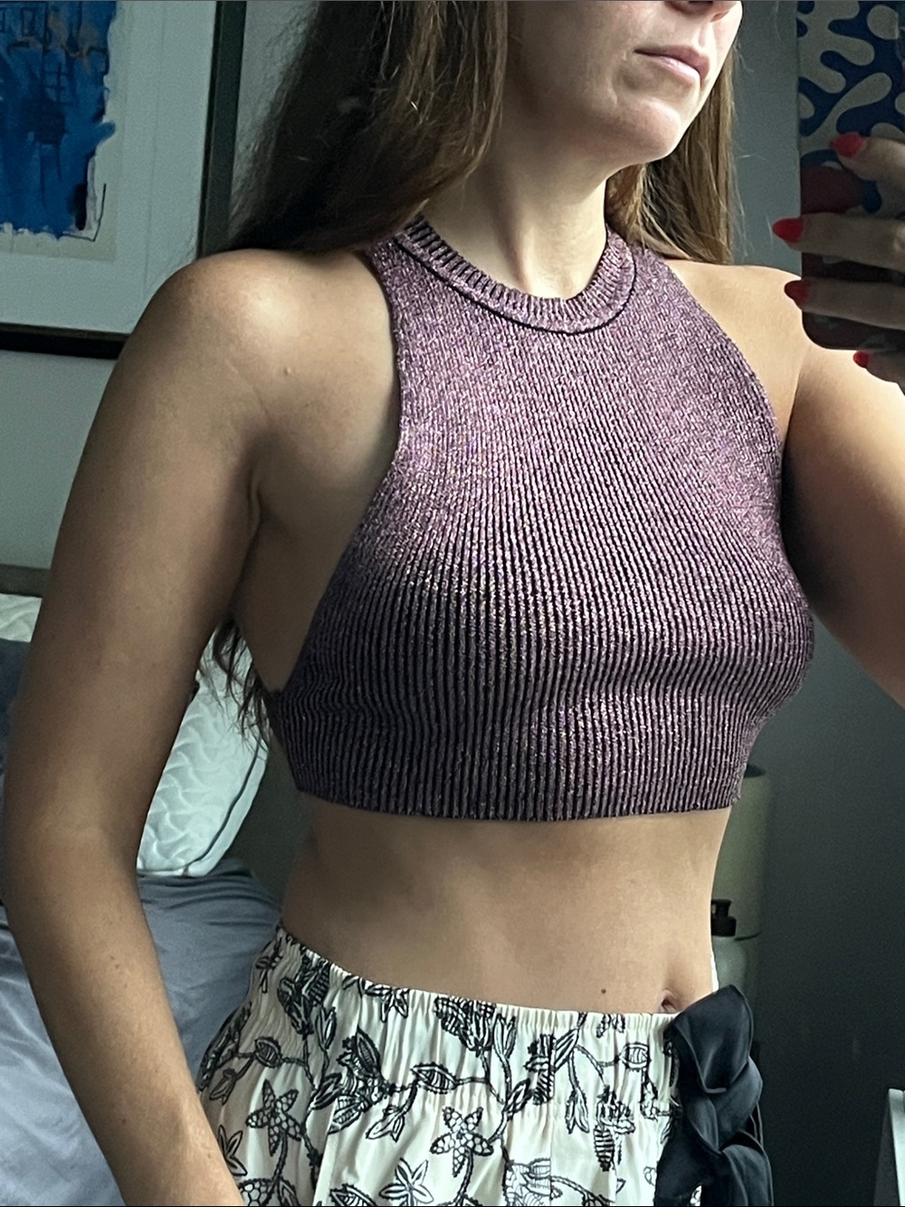 Zara Metallic Ribbed Lavender Crop Tank Top
